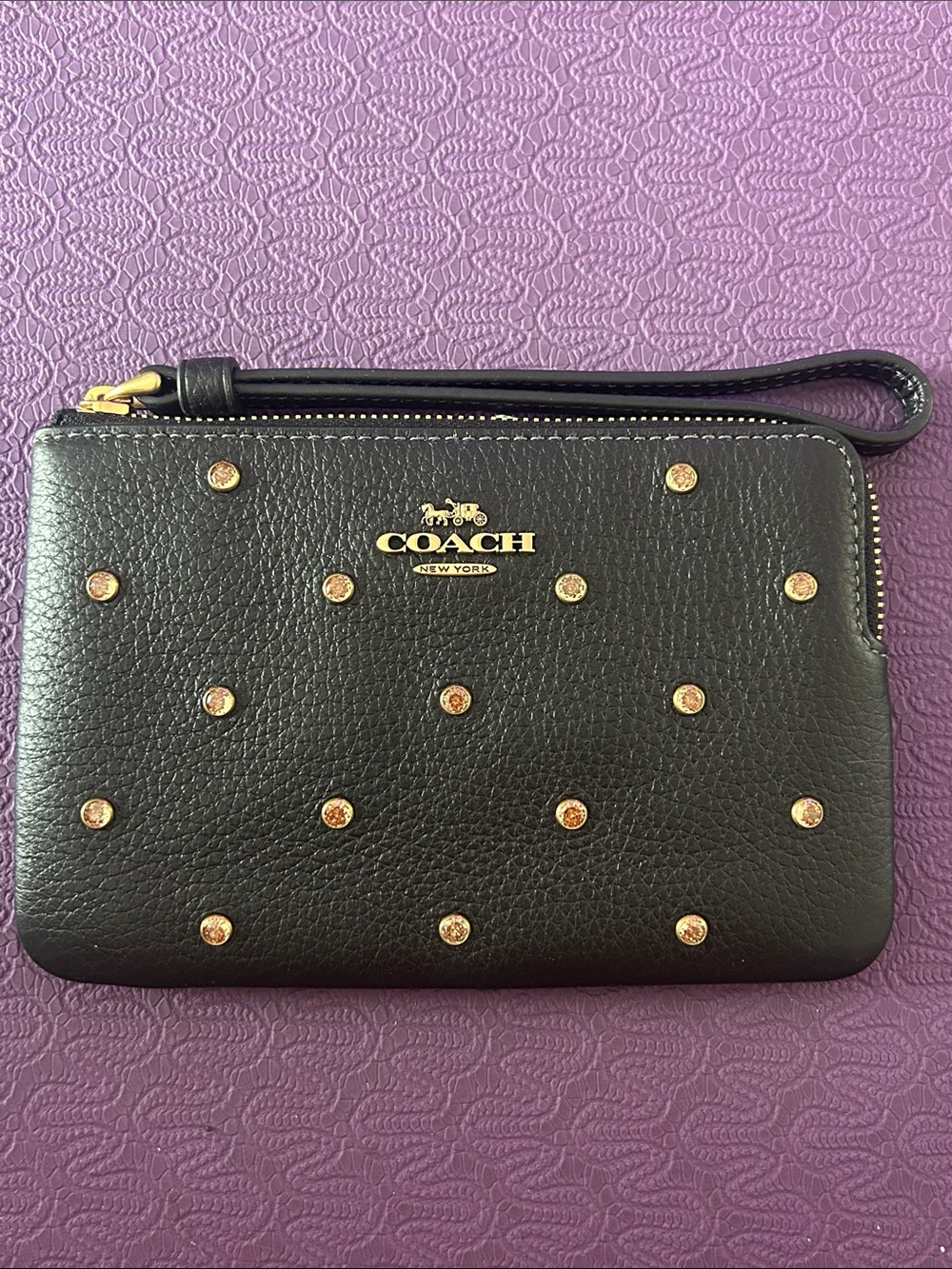 Coach Black Leather Wristlet with Gold Studs
